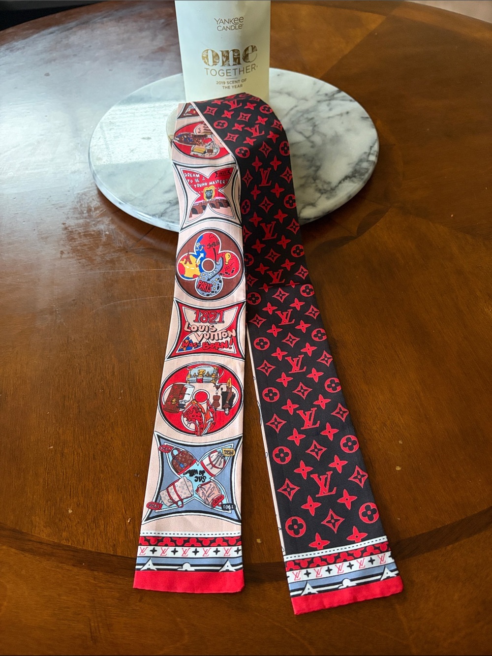 Louis Vuitton Black & Red Silk Twilly with Graphic Motifs